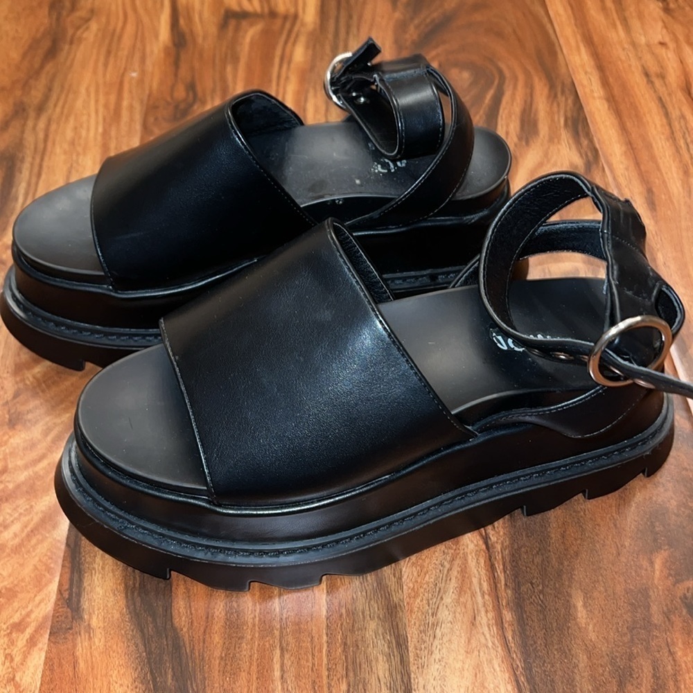 Black Platform Leather Ankle Strap Sandals